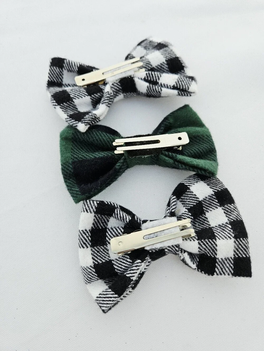 Kids Plaid Bow Hair Clips - Black & White and Green Set